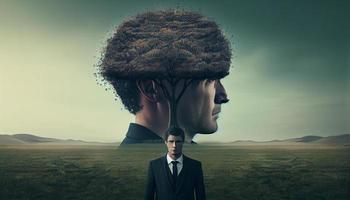 Businessman near a human brain tree. Generate Ai. photo