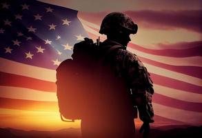USA army soldiers saluting on a background of sunset or sunrise and USA flag. Generate Ai. photo