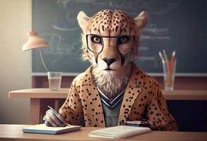 retrato de un antropomórfico leopardo vestido como un colegial en un aula. generar ai. foto