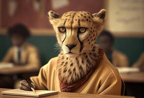 Portrait of an anthropomorphic cheetah dressed as a schoolboy in a classroom. Generate Ai. photo