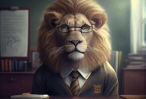 Portrait of an anthropomorphic lion dressed as a schoolboy in a classroom. Generate Ai. photo