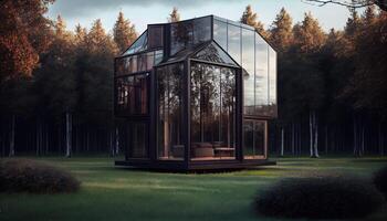 Glass house of the future made of wood and glass. Generate Ai. photo