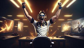 Professional eSports gamer rejoices in the victory and gold game room background. Generate Ai. photo