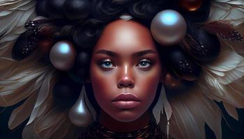 A beautiful black woman who appears in the midst of large pearls. Generate Ai. photo