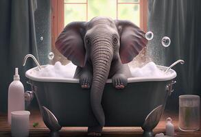 Cute elephant in bathtub , pets cleaning. Generate Ai. photo