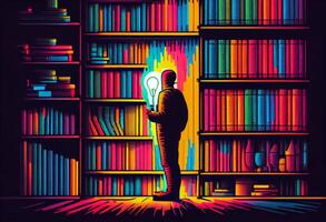 Man with book and lightbulb looking for knowledge on library with colorfull books. Generate Ai photo