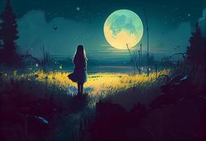 A girl with a big moon on meadow. Generate Ai. photo