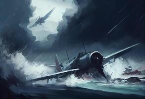 illustration painting of planes flying in the storm . Generate Ai. photo