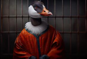 Portrait of an anthropomorphic goose dressed as a prisoner. Generate Ai. photo