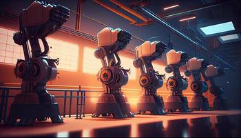 Automated robotics futuristic electric robot factory production line. Generate Ai. photo