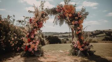 Generative AI, Wedding ceremony boho rustic style arch with flowers and plants, flower bouquets. photo