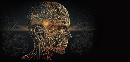 generativo ai, conceptual ilustración de neurona células con brillante enlace nudos en resumen oscuro espacio, alto resolución. humano nervioso sistema, neural red foto