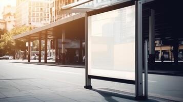 generativo ai, realista calle grande cartelera burlarse de arriba blanco para presentación publicidad. al aire libre firmar blanco en el futurista ciudad, negocio concepto foto