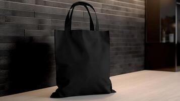 , Realistic black tote canvas fabric bag set-up in at home interior, mug mock up blank. photo