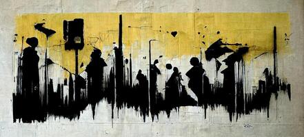 , Ink black street graffiti art on a textured paper vintage background, inspired by Banksy. photo