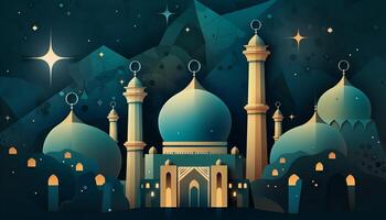 illustration of a mosque, stars, and an Eid Mubarak greeting, representing the celebration of faith during Ramadan and Eid. photo