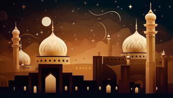 illustration of a mosque, stars, and an Eid Mubarak greeting, representing the celebration of faith during Ramadan and Eid. photo