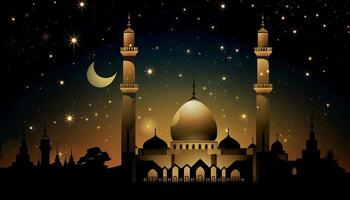 ilustración de un mezquita, estrellas, y un eid Mubarak saludo, representando el celebracion de fe durante Ramadán y Eid. generativo ai foto