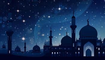 illustration of a mosque, stars, and an Eid Mubarak greeting, representing the celebration of faith during Ramadan and Eid. photo