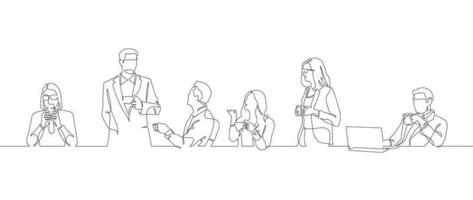 continuous one line drawing office workers having a coffee break vector