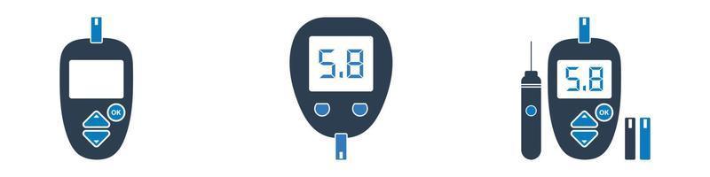 Glucometer Icon Set. Collection of Diabetic Meter, Lancet Pen and Strip Icons. Editable Flat Vector Illustration.