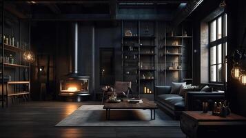 Dark living room loft with fireplace, industrial style. photo