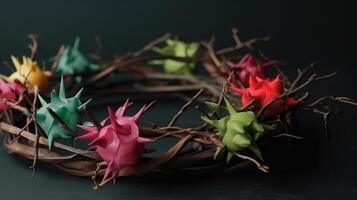 Flat lay crown of thorns still life, Bright color, ultra realistic. photo