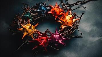 Flat lay crown of thorns still life, color splash effect, ultra realistic. photo