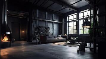 Excellent Dark living room loft with fireplace, industrial style. photo