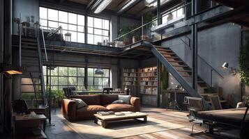 Amazing Living room loft in industrial style, 3d render. photo