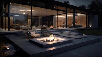 Awesome fire pit and furniture on modern luxury. photo