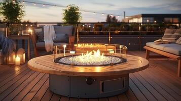 A spacious deck with a close up shot of a fire pit table heater. photo