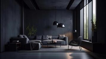 Modern dark home interior background, wall mock up. photo