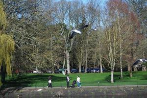 Gorgeous View of Wardown Public Park and People are Enjoying the Beautiful and Bright Sunny Day. They are Spending Day with Their Families and Having Fun. Image Was Captured at Luton on 03-April-2023 photo