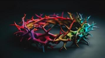 Flat lay crown of thorns still life vertical side angle, Rainbow Color. photo