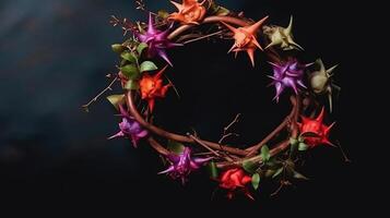 Flat lay crown of thorns still life, colorful, ultra realistic. photo