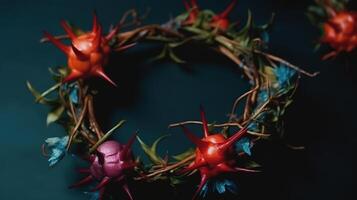 High angle crown of thorns and red cloth. photo