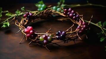 Flat lay crown of thorns still life, colorful, ultra realistic. photo