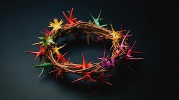 Flat lay crown of thorns still life, colorful, ultra realistic. photo