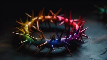 Flat lay crown of thorns still life vertical side angle, Rainbow Color. photo