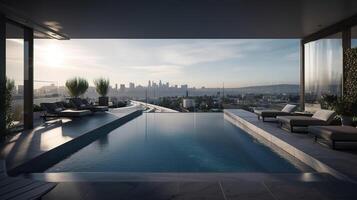 Skyline view from the pool of a tower. photo