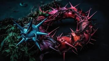 Flat lay crown of thorns still life, color splash effect, ultra realistic. photo