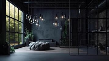 Modern dark home interior background, wall mock up. photo