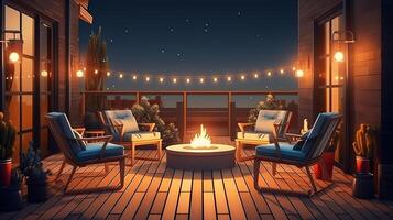 A backyard fire pit in a spacious yard of a large hom. photo