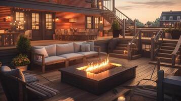 A spacious deck with a close up shot of a fire pit table heater. photo