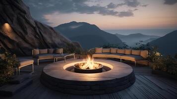 Fire pit and furniture on modern luxury mountain. photo