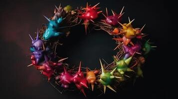 Flat lay crown of thorns still life vertical side angle, Rainbow Color. photo