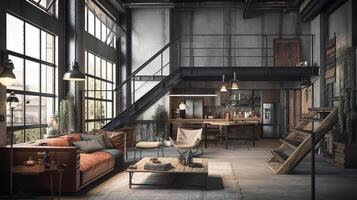 Living room loft in industrial style, 3d render. photo