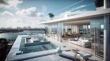 Exceptional luxury penthouse terrace with a swimming pool overlooking Miami. photo