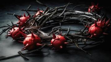 Flat lay crown of thorns still life, color splash effect, ultra realistic. photo